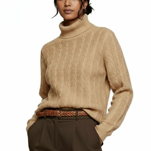 Croft & Barrow Cable Knit Turtleneck Sweater Sz XL | Tan Camel Beige Neutral - Picture 1 of 13